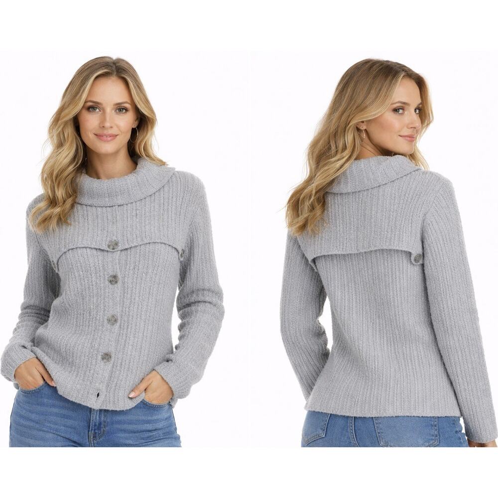 Rosetta Getty Gray Ribbed Sweater Womens XS Button Front High Mock Neck Pullover